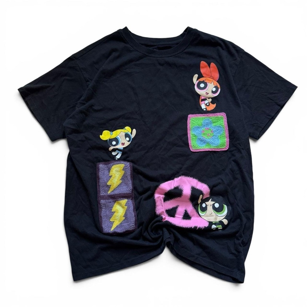 Cartoon Network Powerpuff Girls Graphic Tee Black Y2K Patchwork Shirt Girls M